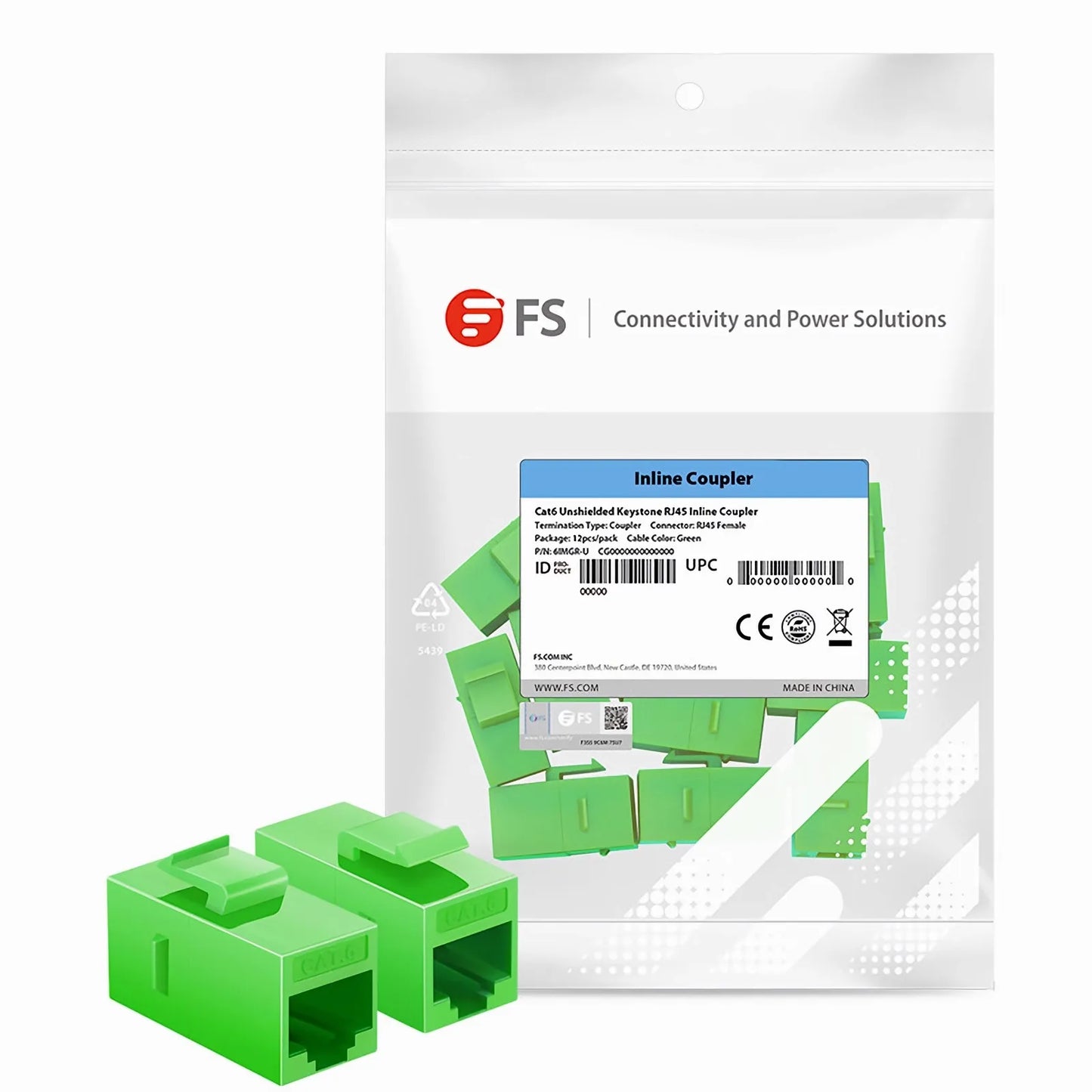 Cat6 Keystone RJ45 Coupler, Unshielded, Female to Female Insert Inline Coupler - Green (12pcs/pack)