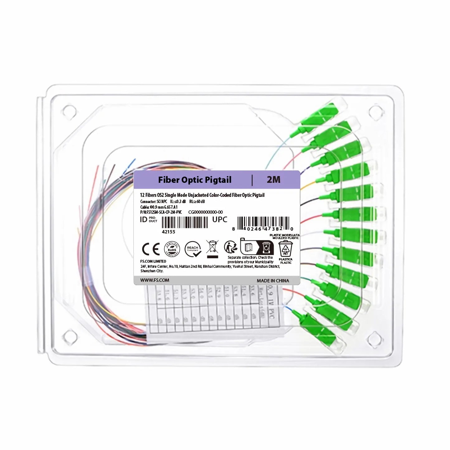 2m (7ft) Fiber Pigtail, SC APC to Unterminated, 12 Fibers, Unjacketed Color-Coded, OS2 Single Mode, PVC (Unrated), 0.9mm, 12-Color