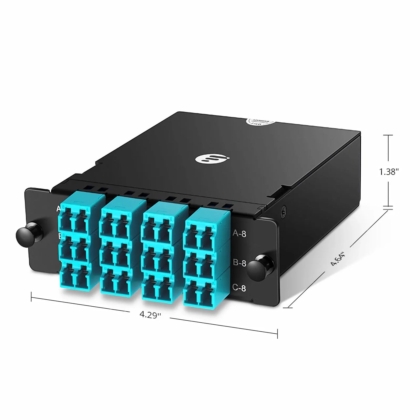 FHD™ MTP®-LC Cassette, OM4 Multimode, Universal, 24 Fibers, 3 x MTP®-8 (Male) to 12 x Shuttered LC Duplex (Aqua), 0.35dB Max.