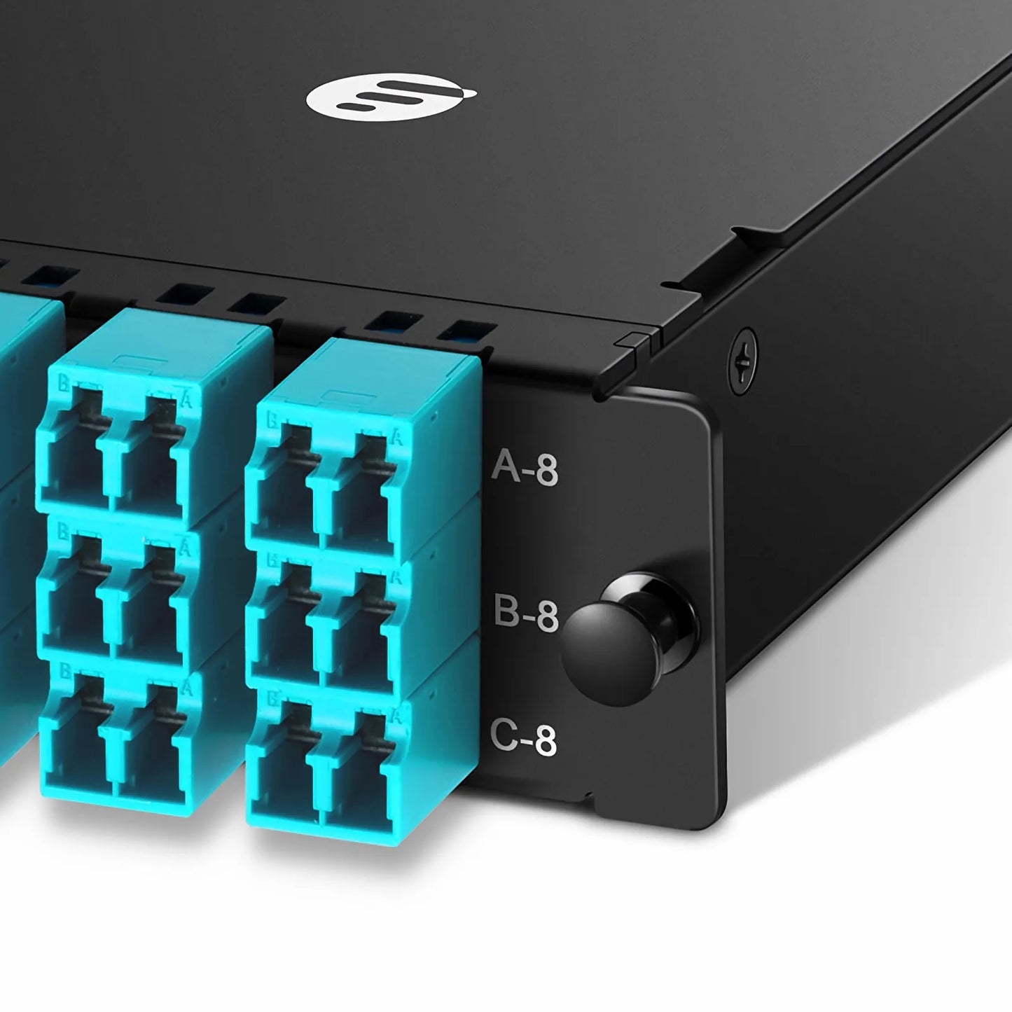 FHD™ MTP®-LC Cassette, OM4 Multimode, Universal, 24 Fibers, 3 x MTP®-8 (Male) to 12 x Shuttered LC Duplex (Aqua), 0.35dB Max.