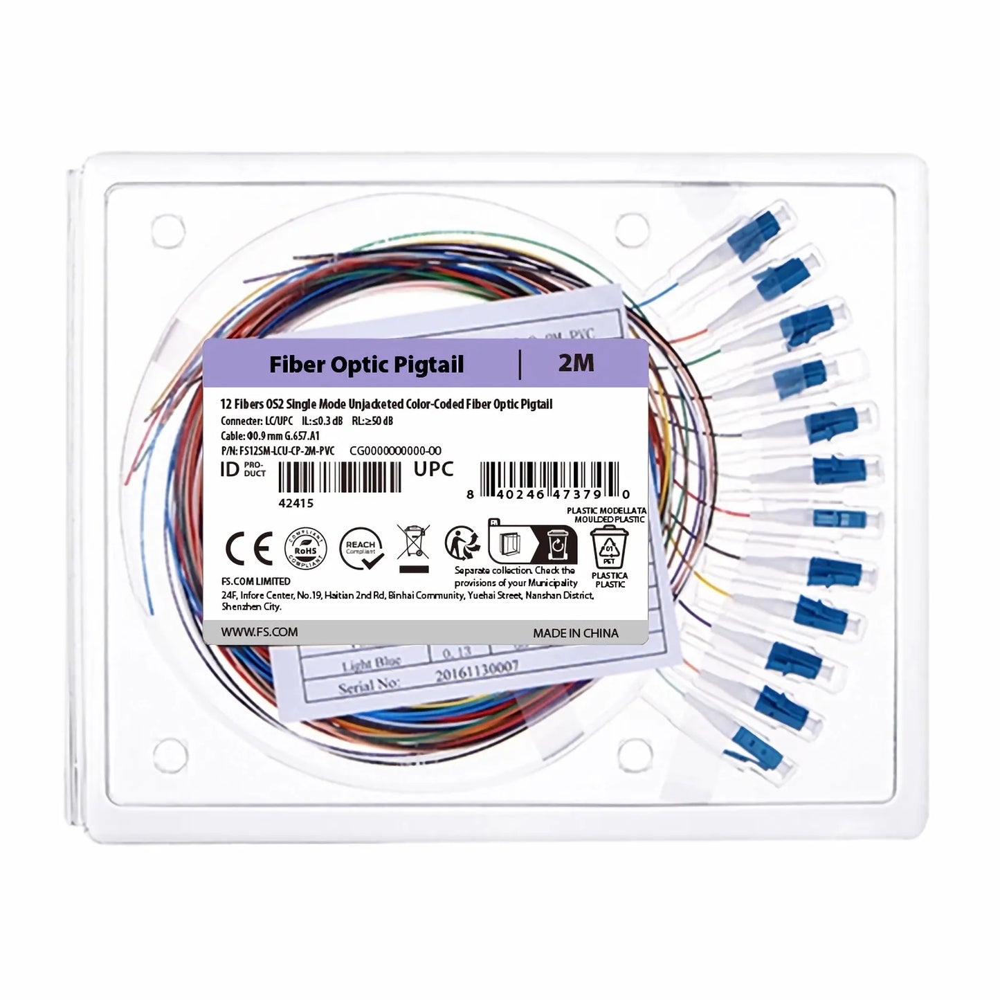 2m (7ft) Fiber Pigtail, LC UPC to Unterminated, 12 Fibers, Unjacketed Color-Coded, OS2 Single Mode, PVC (Unrated), 0.9mm, 12-Color