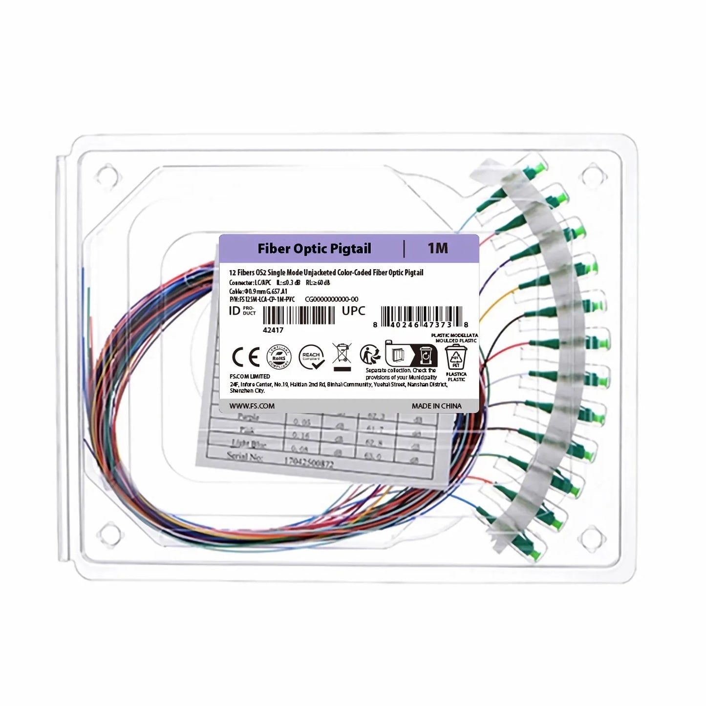 1m (3ft) Fiber Pigtail, LC APC to Unterminated, 12 Fibers, Unjacketed Color-Coded, OS2 Single Mode, PVC (Unrated), 0.9mm, 12-Color