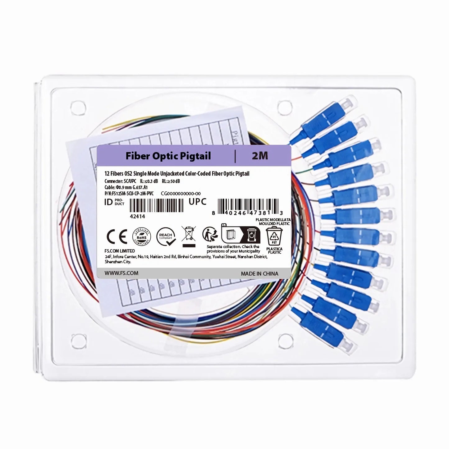 2m (7ft) Fiber Pigtail, SC UPC to Unterminated, 12 Fibers, Unjacketed Color-Coded, OS2 Single Mode, PVC (Unrated), 0.9mm, 12-Color