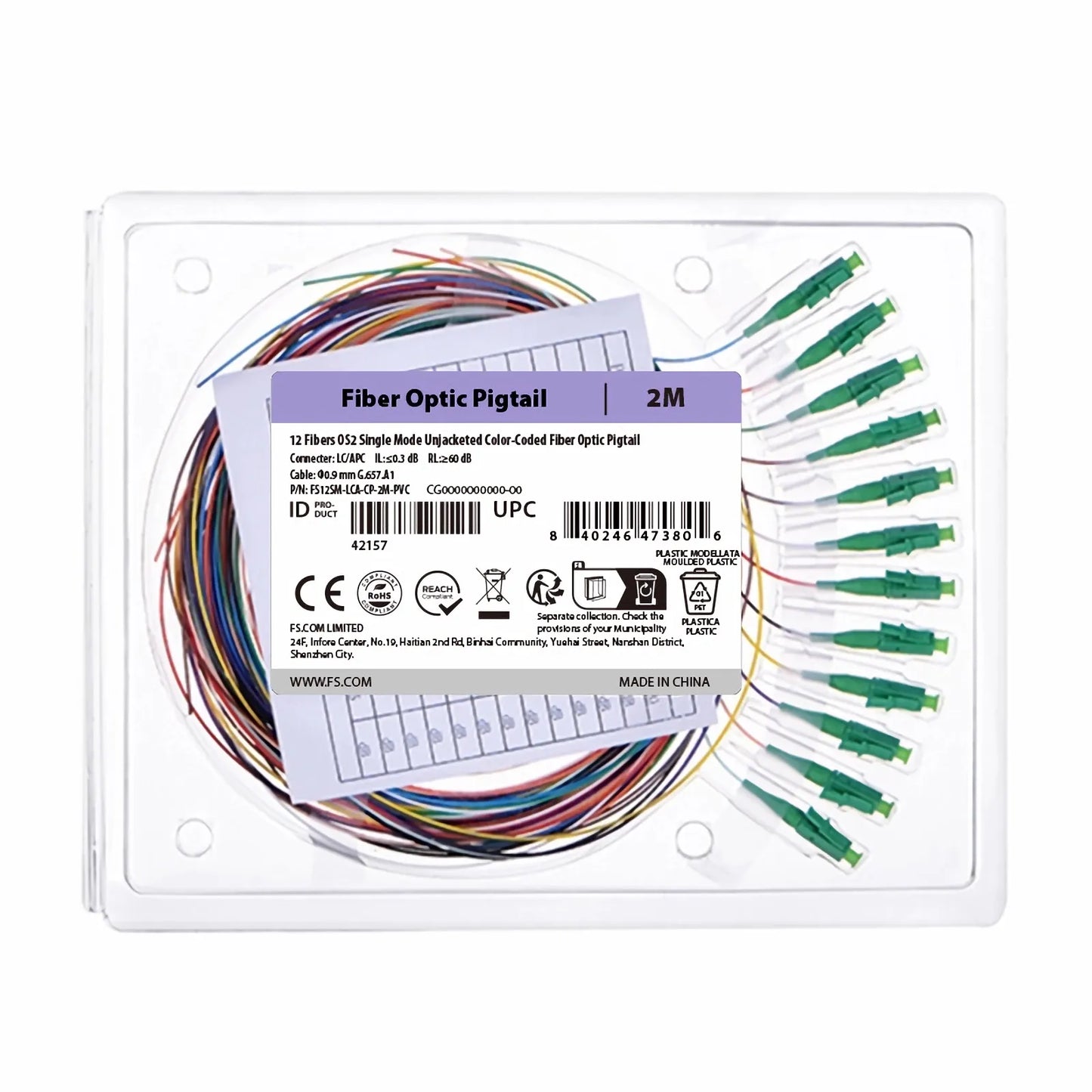 2m (7ft) Fiber Pigtail, LC APC to Unterminated, 12 Fibers, Unjacketed Color-Coded, OS2 Single Mode, PVC (Unrated), 0.9mm, 12-Color