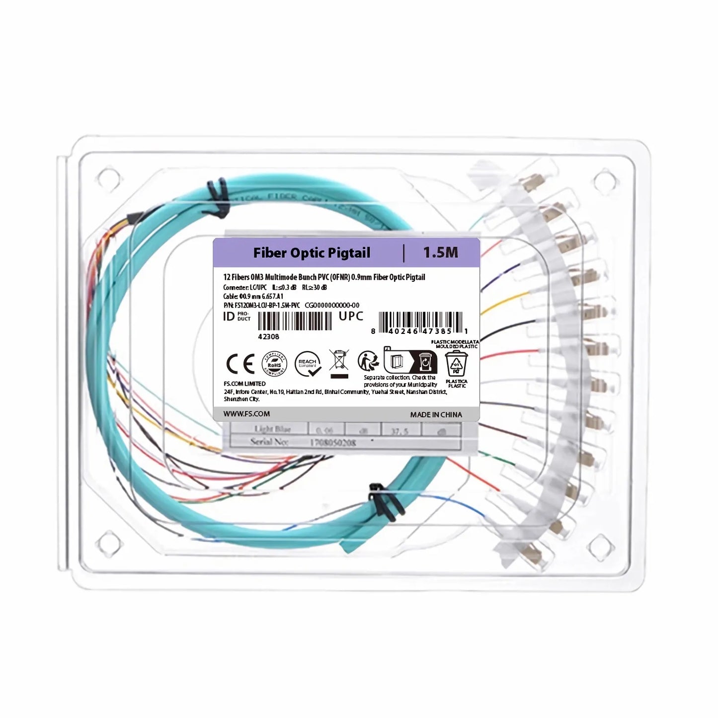 1.5m (5ft) Fiber Pigtail, LC UPC to Unterminated, 12 Fibers, Bunch, OM3 Multimode, PVC (Unrated), 0.9mm, Aqua