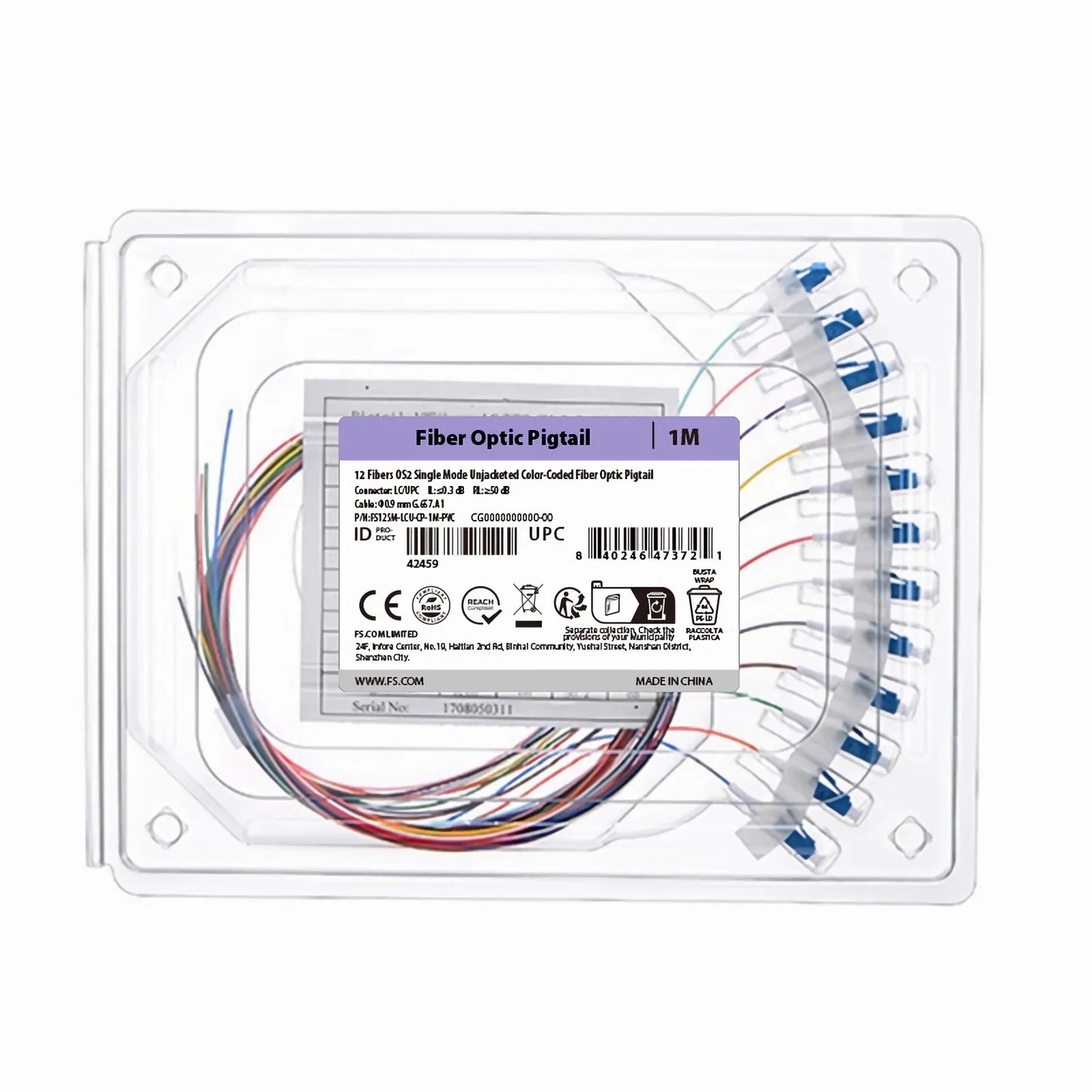 1m (3ft) Fiber Pigtail, LC UPC to Unterminated, 12 Fibers, Unjacketed Color-Coded, OS2 Single Mode, PVC (Unrated), 0.9mm, 12-Color