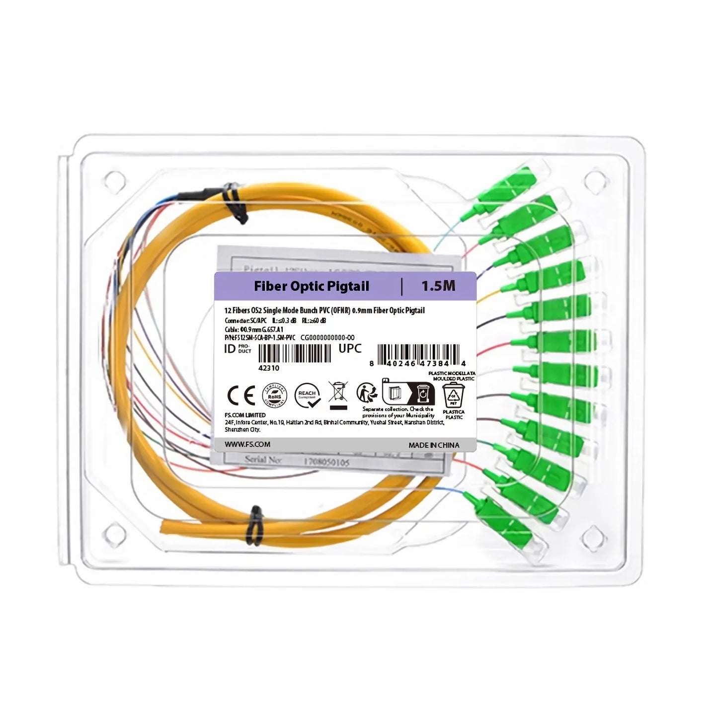 1.5m (5ft) Fiber Pigtail, SC APC to Unterminated, 12 Fibers, Bunch, OS2 Single Mode, PVC (Unrated), 0.9mm, Yellow