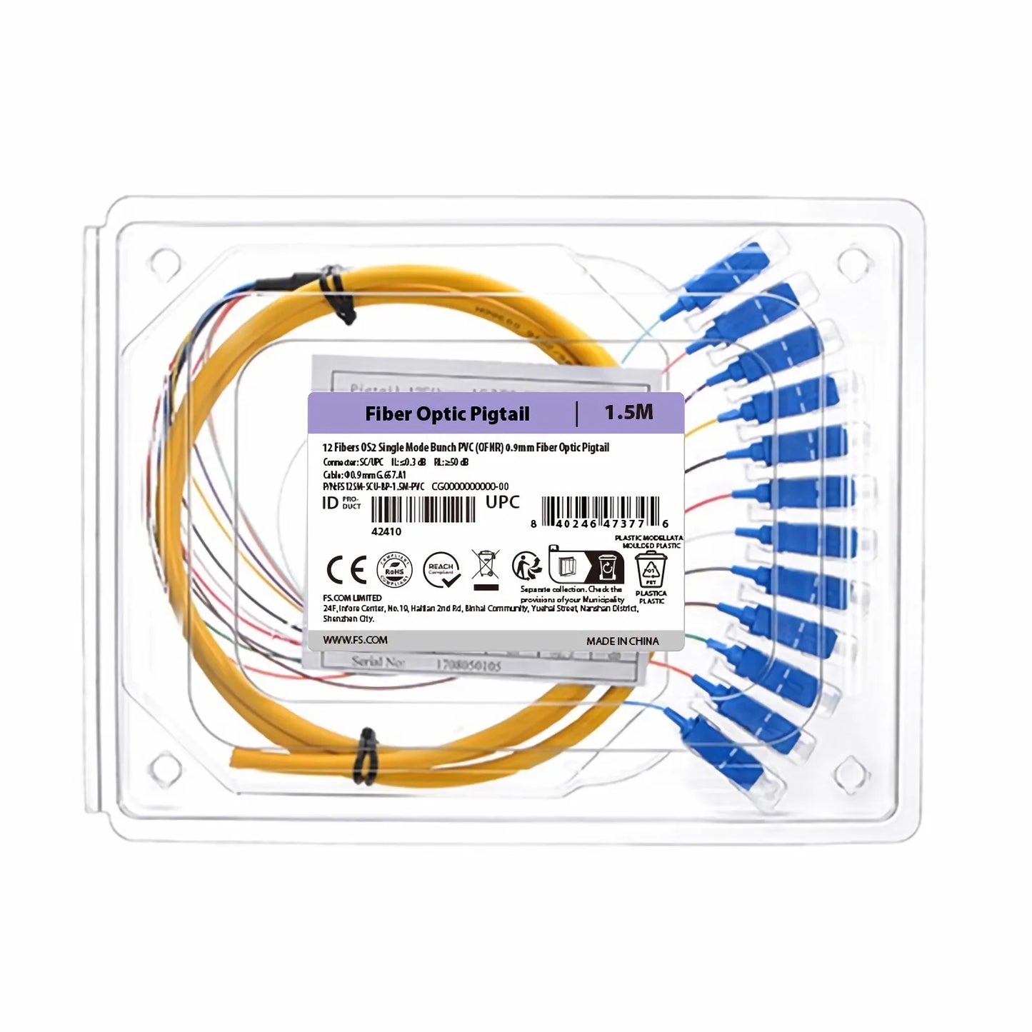 1.5m (5ft) Fiber Pigtail, SC UPC to Unterminated, 12 Fibers, Bunch, OS2 Single Mode, PVC (Unrated), 0.9mm, Yellow