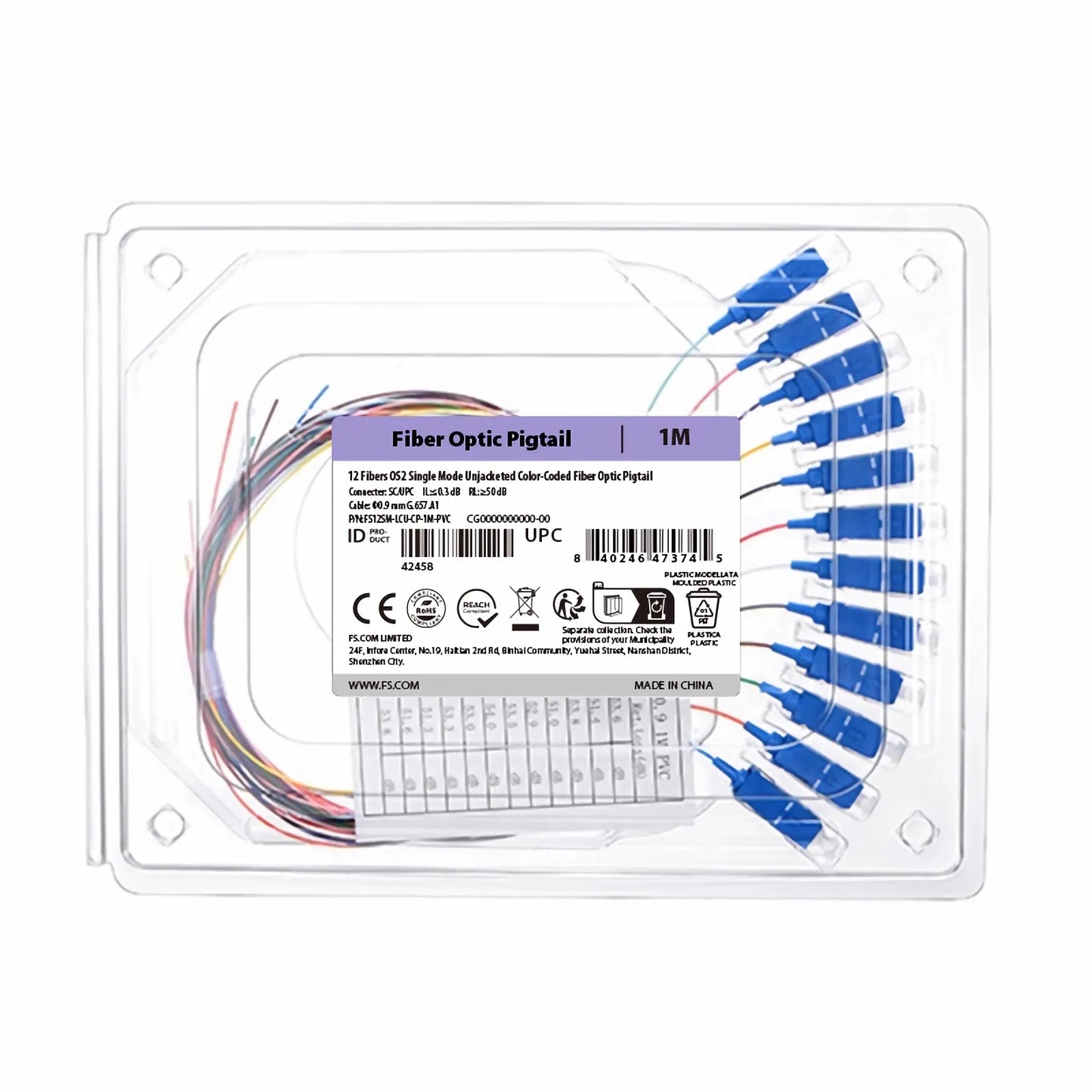 1m (3ft) Fiber Pigtail, SC UPC to Unterminated, 12 Fibers, Unjacketed Color-Coded, OS2 Single Mode, PVC (Unrated), 0.9mm, 12-Color