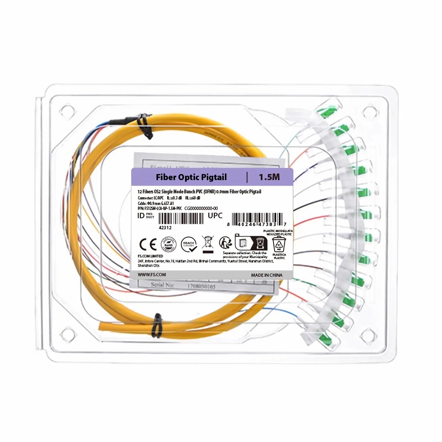 1.5m (5ft) Fiber Pigtail, LC APC to Unterminated, 12 Fibers, Bunch, OS2 Single Mode, PVC (Unrated), 0.9mm, Yellow