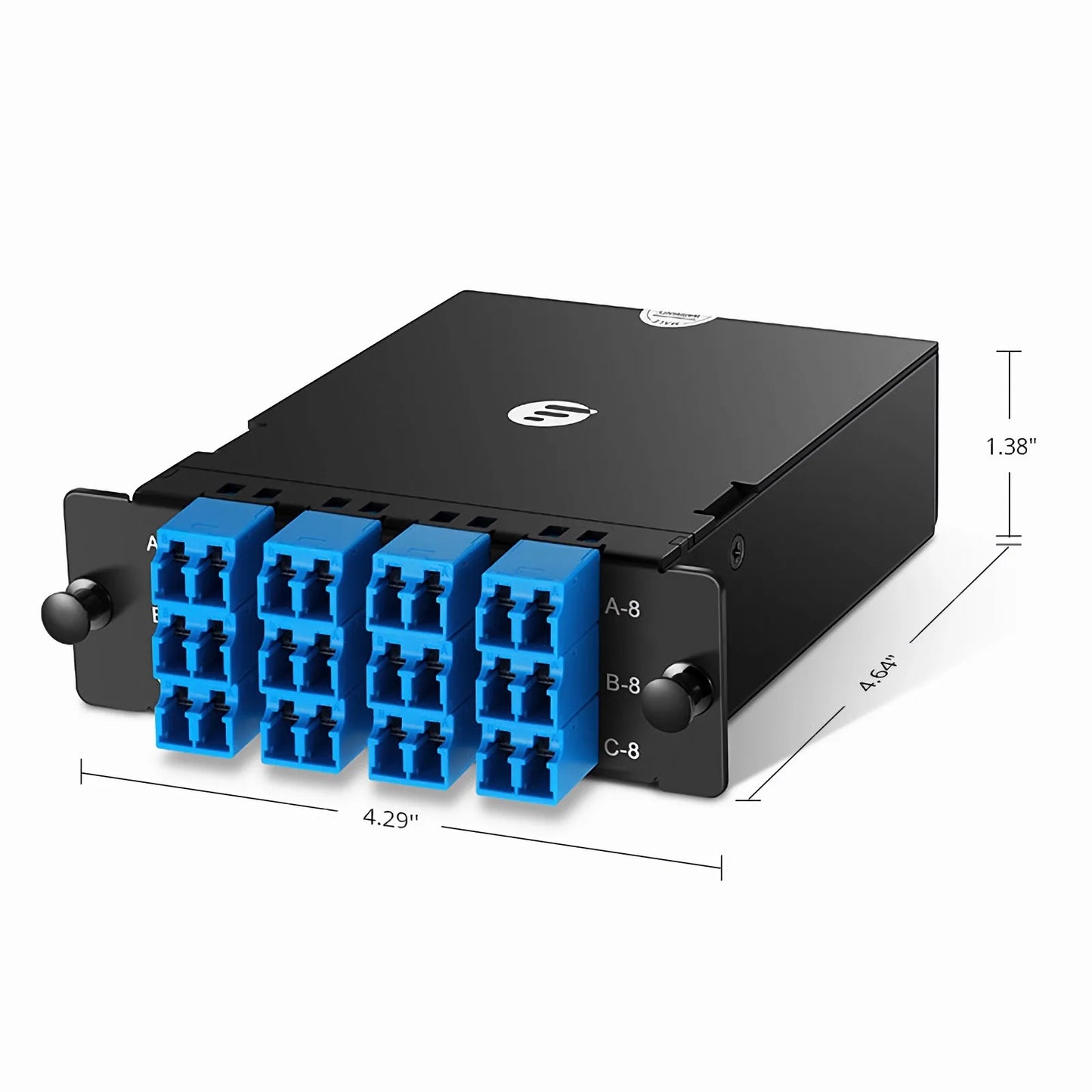 FHD™ MTP®-LC Cassette, OS2 Single Mode, Universal, 24 Fibers, 3 x MTP®-8 (Male) to 12 x Shuttered LC Duplex (Blue), 0.35dB Max.