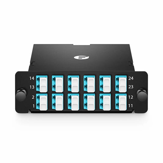 FHD™ MTP®-LC Cassette, OM4 Multimode, Universal, 24 Fibers, 2 x MTP®-12 (Male) to 12 x LC Duplex (Aqua), 0.35dB Max.