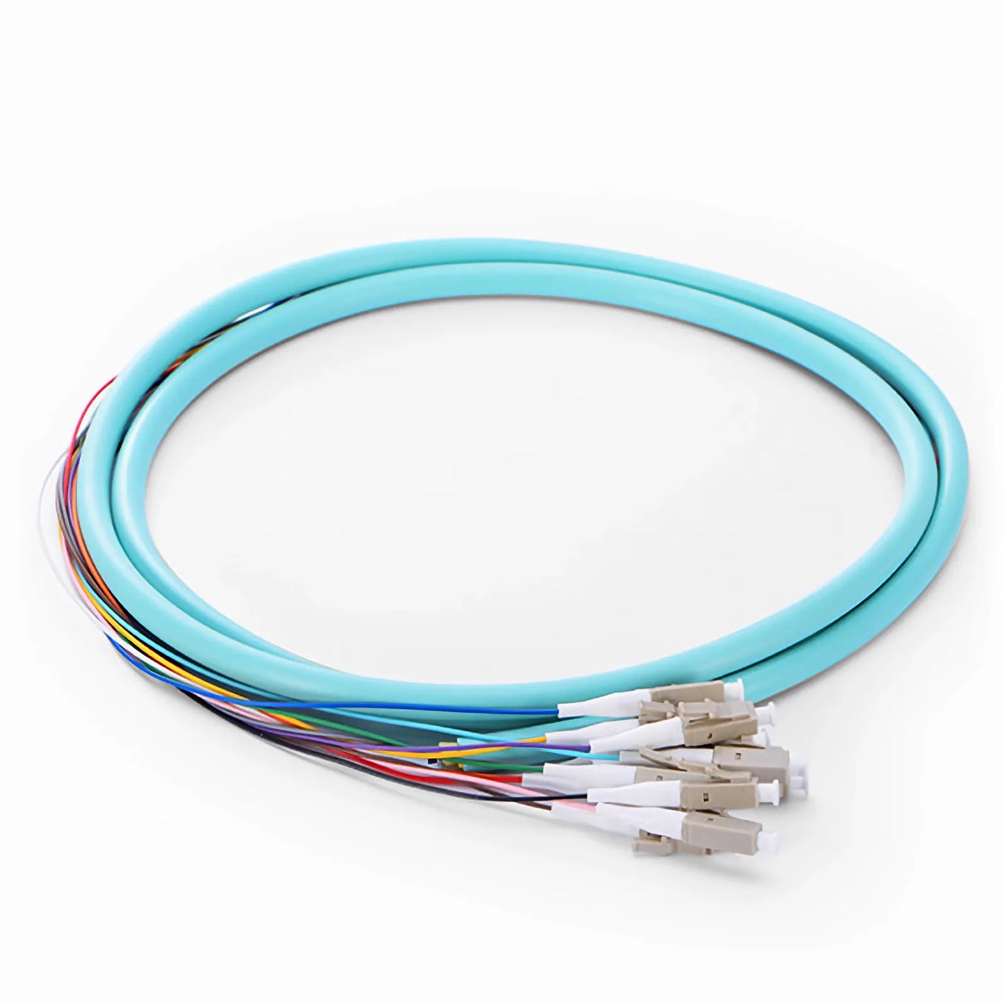 1.5m (5ft) Fiber Pigtail, LC UPC to Unterminated, 12 Fibers, Bunch, OM4 Multimode, PVC (Unrated), 0.9mm, Aqua
