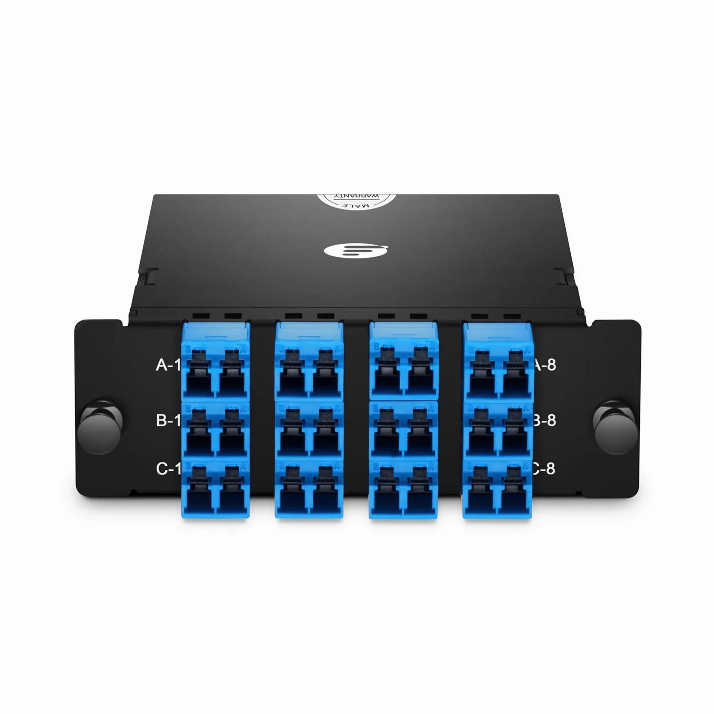 FHD™ MTP®-LC Cassette, OS2 Single Mode, Universal, 24 Fibers, 3 x MTP®-8 (Male) to 12 x Shuttered LC Duplex (Blue), 0.35dB Max.
