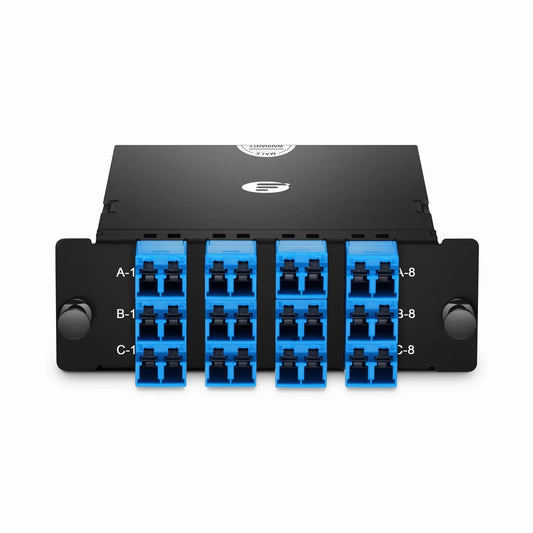 FHD™ MTP®-LC Cassette, OS2 Single Mode, Universal, 24 Fibers, 3 x MTP®-8 (Male) to 12 x Shuttered LC Duplex (Blue), 0.35dB Max.