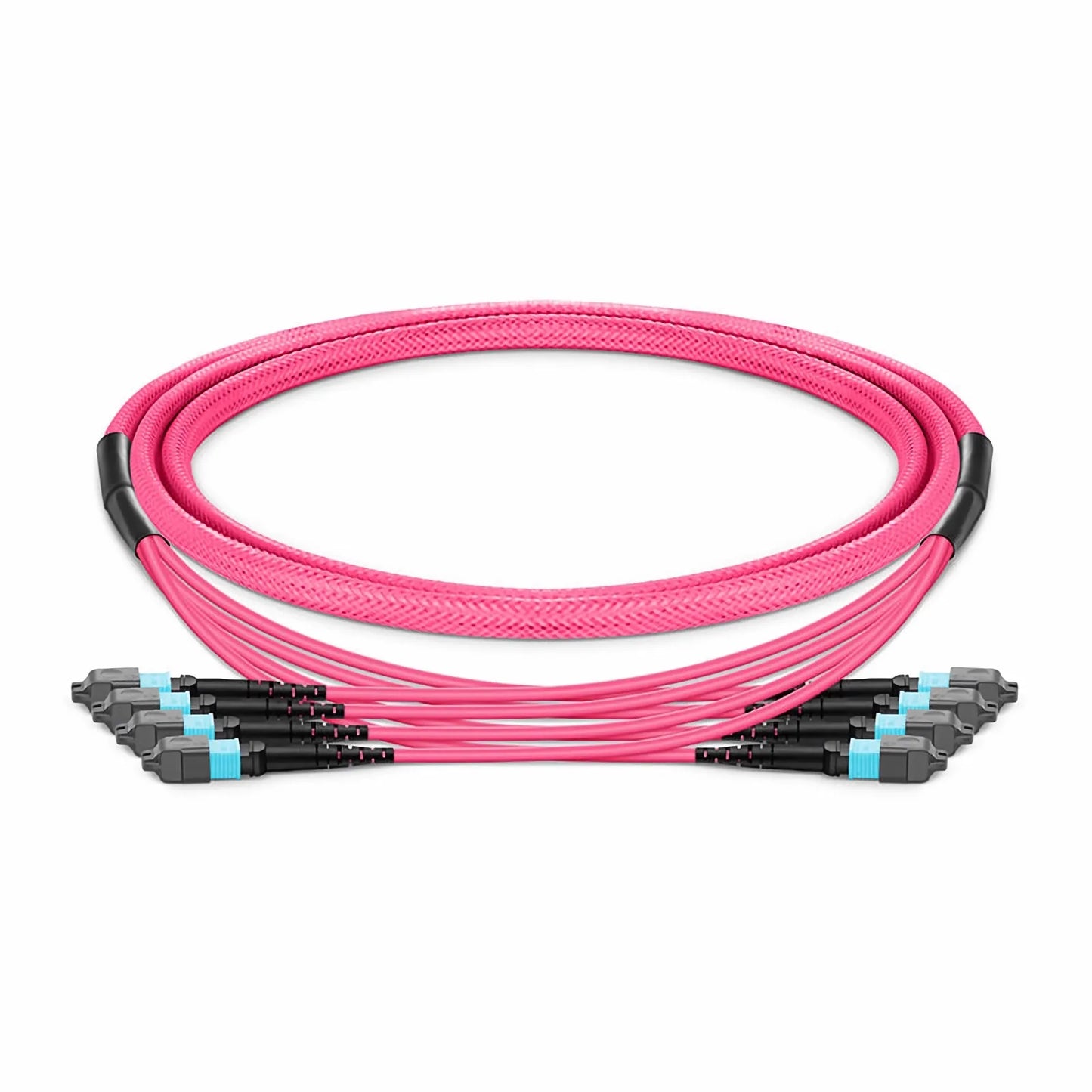 10m (33ft) MTP® Trunk Cable, MTP®-12 UPC (Male) to MTP®-12 UPC (Male), 48 Fibers (4x 12F), Multimode (OM4), Plenum (OFNP), 0.35dB Max, Type B, Braided Tubing, Magenta