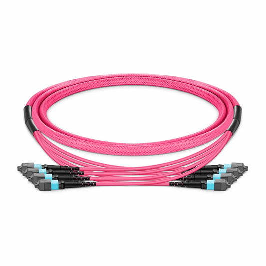 10m (33ft) MTP® Trunk Cable, MTP®-12 UPC (Male) to MTP®-12 UPC (Male), 48 Fibers (4x 12F), Multimode (OM4), Plenum (OFNP), 0.35dB Max, Type B, Braided Tubing, Magenta