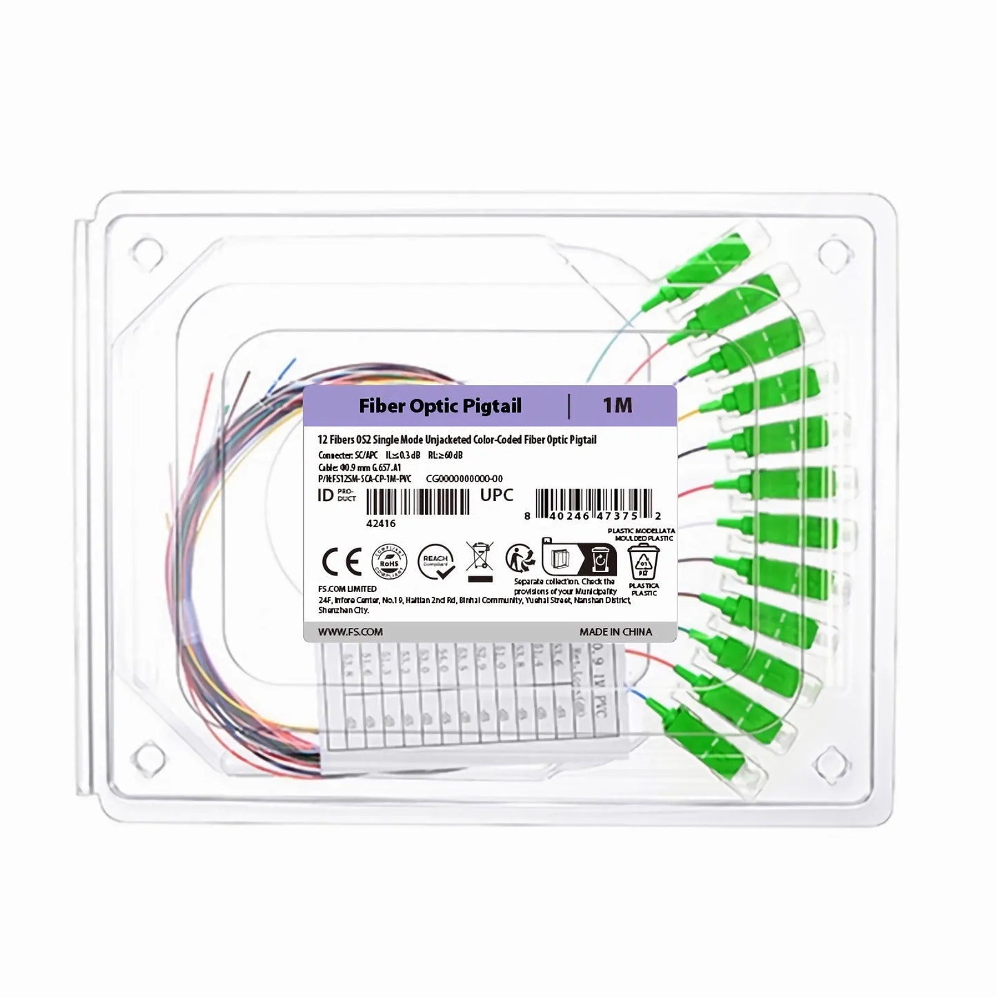 1m (3ft) Fiber Pigtail, SC APC to Unterminated, 12 Fibers, Unjacketed Color-Coded, OS2 Single Mode, PVC (Unrated), 0.9mm, 12-Color