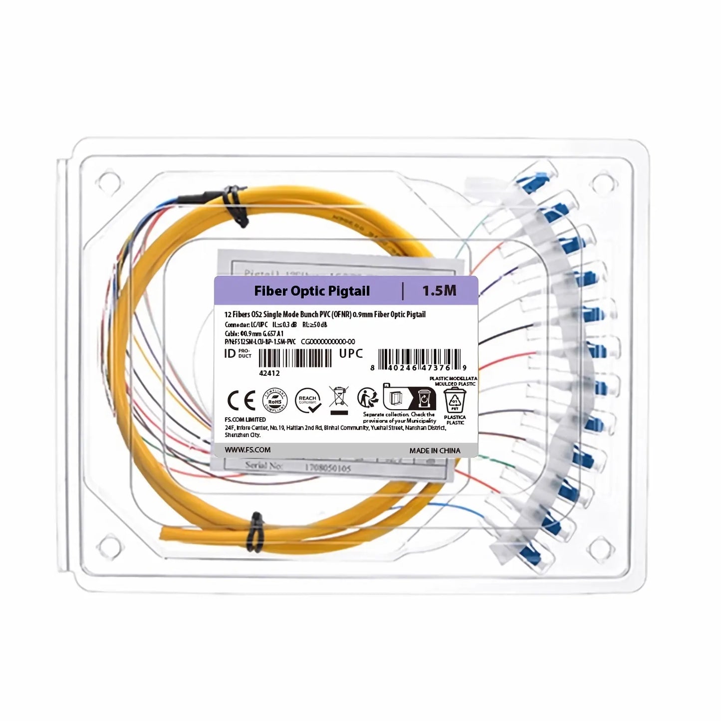 1.5m (5ft) Fiber Pigtail, LC UPC to Unterminated, 12 Fibers, Bunch, OS2 Single Mode, PVC (Unrated), 0.9mm, Yellow