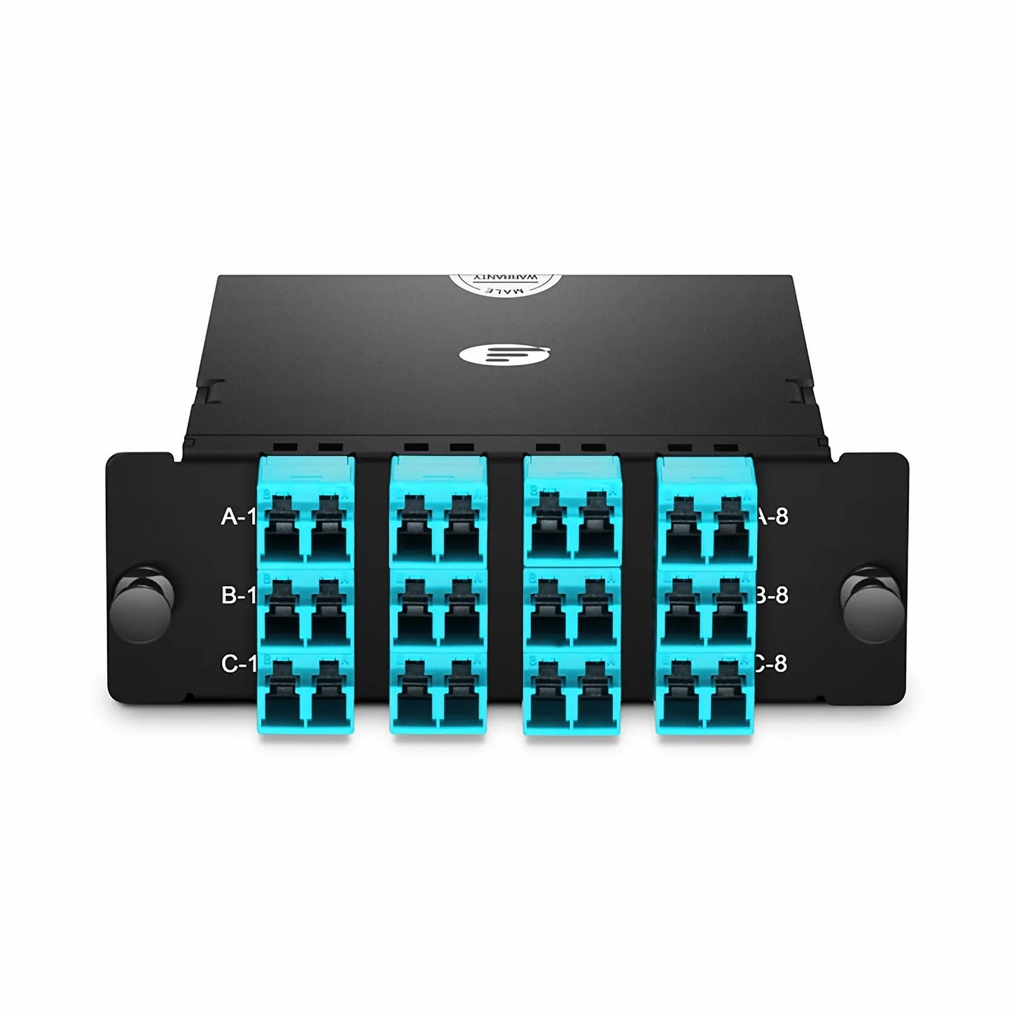 FHD™ MTP®-LC Cassette, OM4 Multimode, Universal, 24 Fibers, 3 x MTP®-8 (Male) to 12 x Shuttered LC Duplex (Aqua), 0.35dB Max.