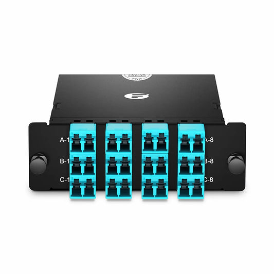 FHD™ MTP®-LC Cassette, OM4 Multimode, Universal, 24 Fibers, 3 x MTP®-8 (Male) to 12 x Shuttered LC Duplex (Aqua), 0.35dB Max.