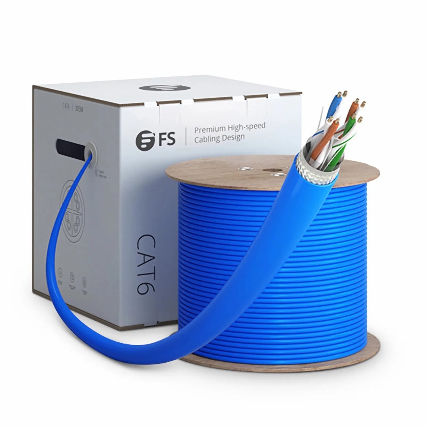 Cat6 Ethernet Bulk Cable, 1000ft (305m), 23AWG Solid Pure Bare Copper Wire, 550MHz, Shielded (SF/UTP), PVC CMR, with Reel (Blue)