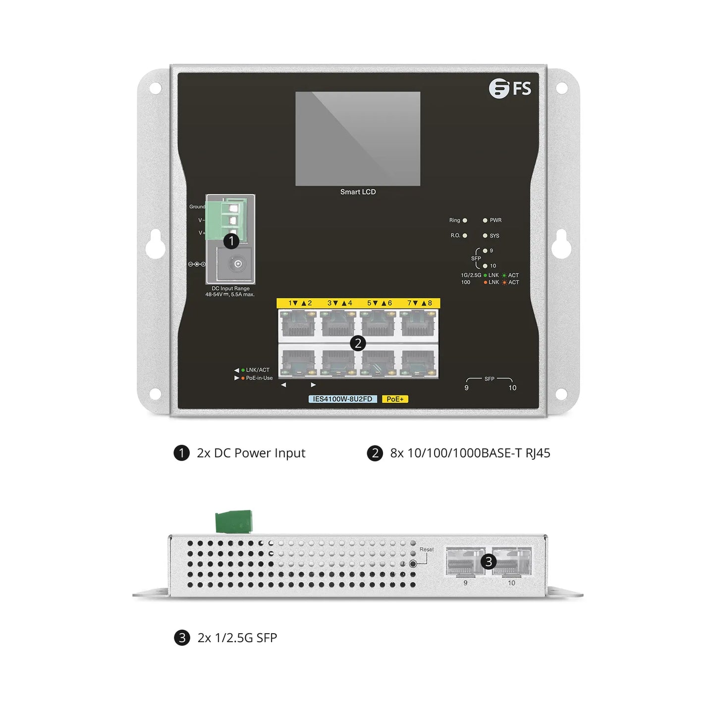 IES4100W-8U2FD, 8-Port Gigabit Ethernet L2+ Managed Industrial PoE+ Switch, 8 x PoE+ Ports@240W, with 2 x 1/2.5Gb SFP, -20 to 70°C Operating Temperature