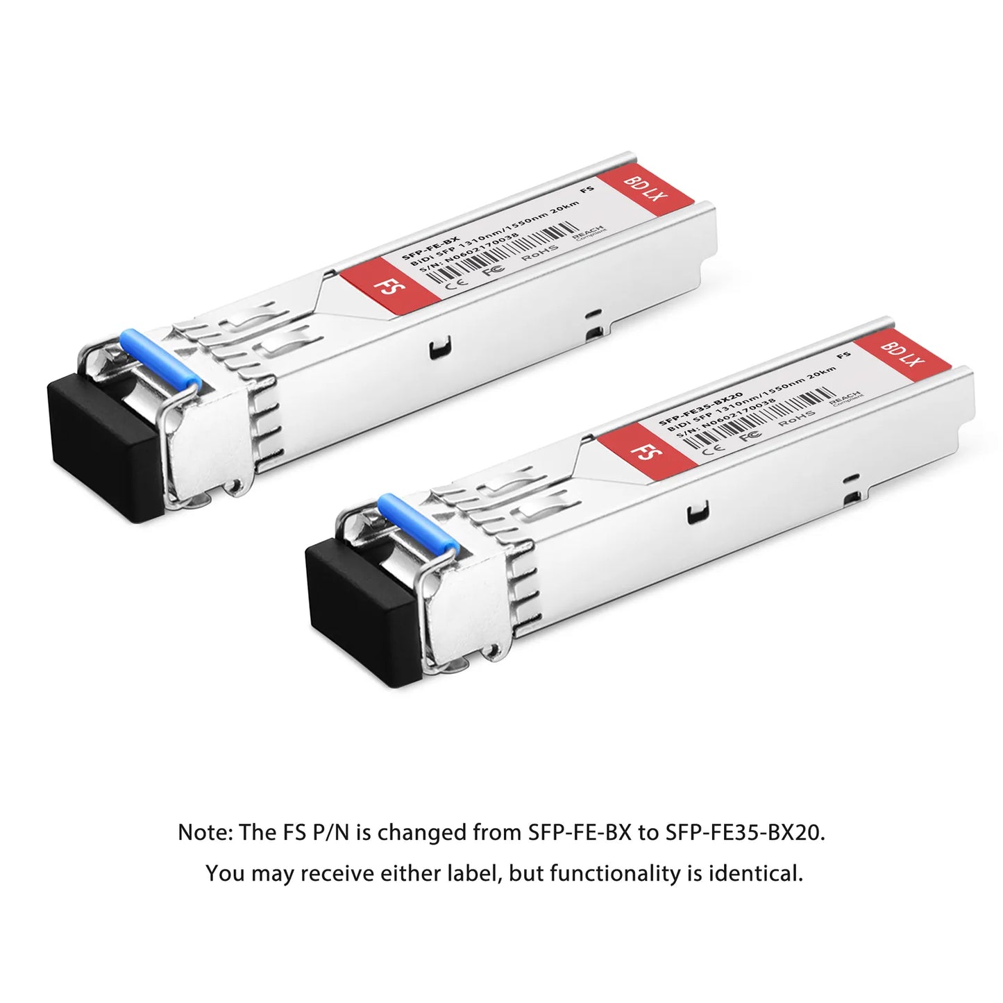 100BASE-BX-U SFP BiDi 1310nm-TX/1550nm-RX 20km DOM Simplex LC SMF Optical Transceiver Module for FS Switches
