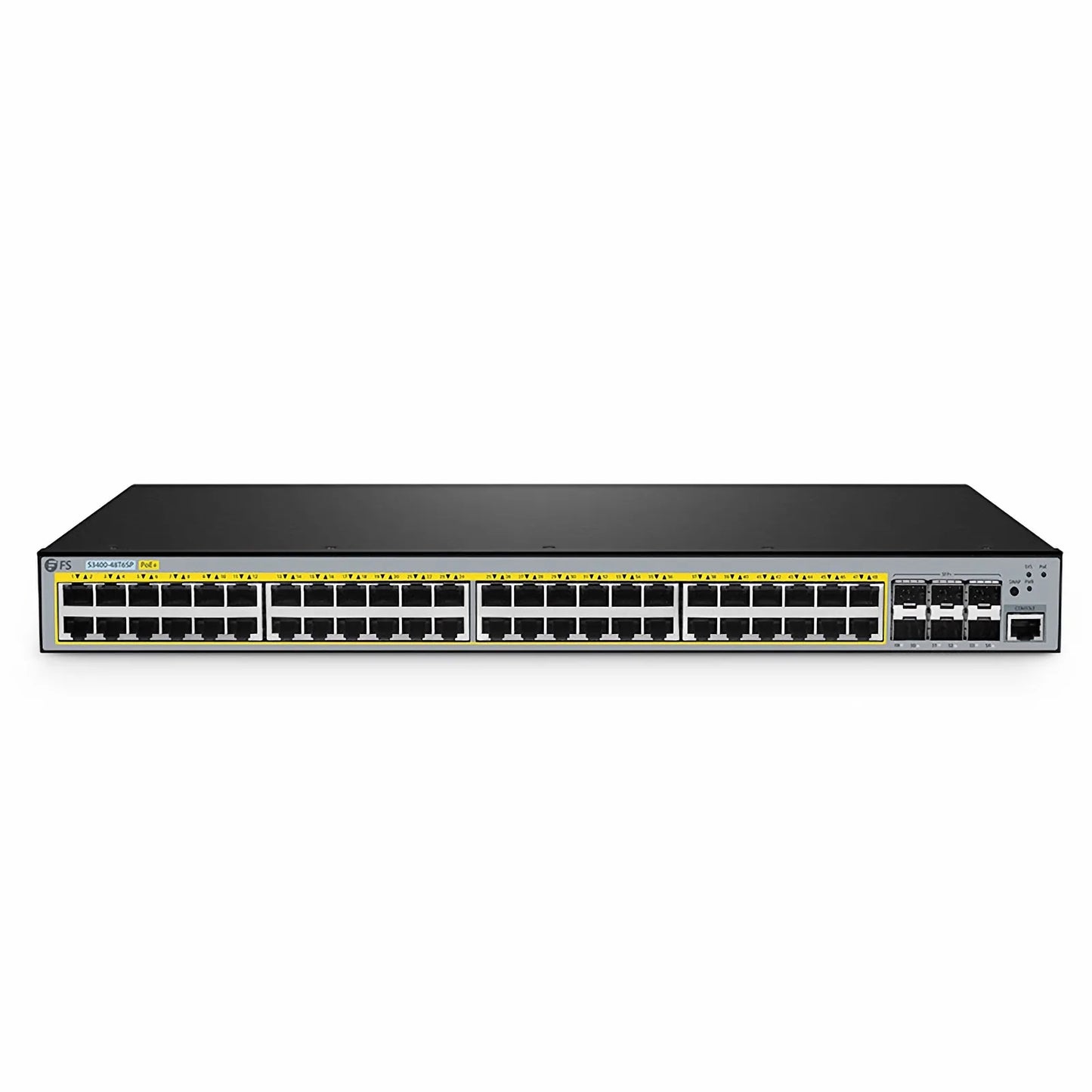 S3400-48T6SP, 48-Port Gigabit Ethernet L2+ PoE+ Switch, 48 x PoE+ Ports @370W, with 6 x 10Gb SFP+ Uplinks, AC+DC Power Supplies, Support Stacking