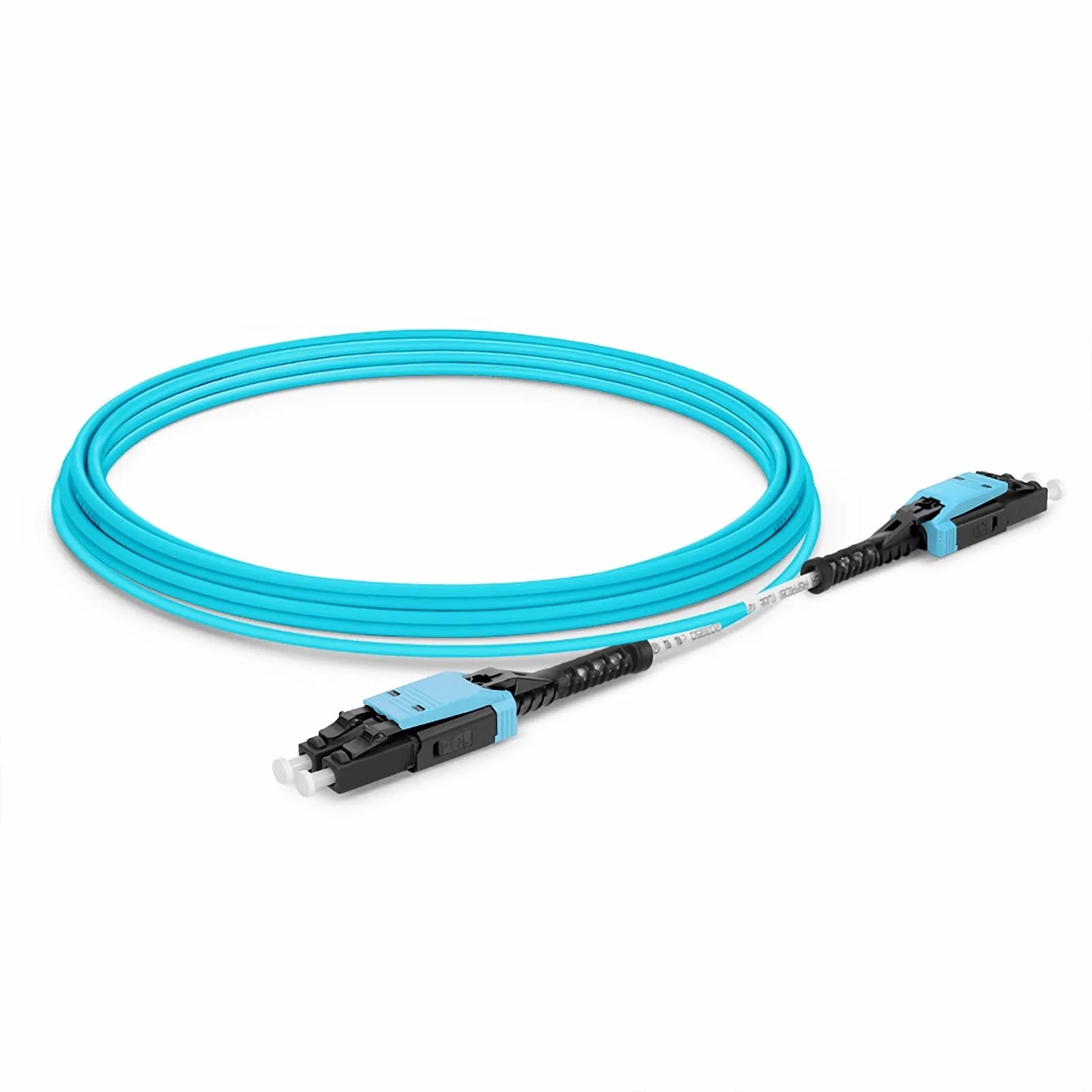 10m (33ft) Fiber Patch Cable, 2 Fibers, LC UPC Duplex to LC UPC Duplex Flat Clip with Push-Pull Boot Uniboot, Multimode (OM4), Riser (OFNR), 2.0mm, Aqua
