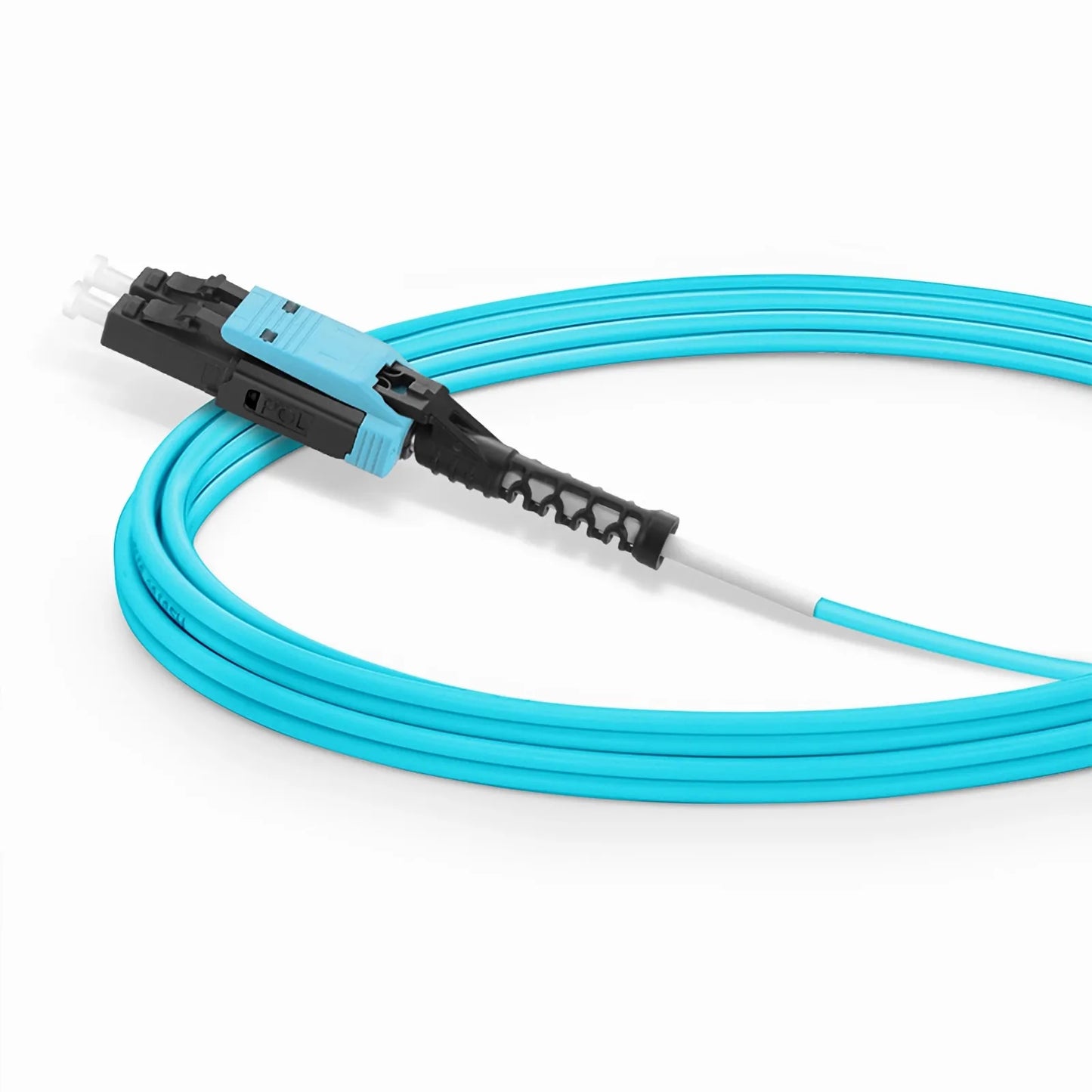 10m (33ft) Fiber Patch Cable, 2 Fibers, LC UPC Duplex to LC UPC Duplex Flat Clip with Push-Pull Boot Uniboot, Multimode (OM4), Riser (OFNR), 2.0mm, Aqua