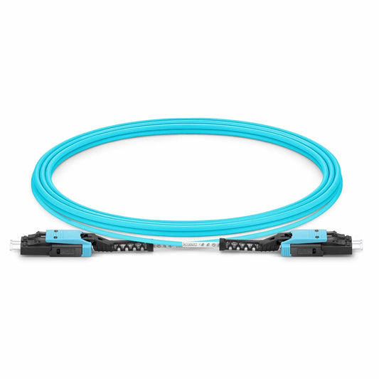 5m (16ft) Fiber Patch Cable, 2 Fibers, LC UPC Duplex to LC UPC Duplex Flat Clip with Push-Pull Boot Uniboot, Multimode (OM4), Riser (OFNR), 2.0mm, Aqua