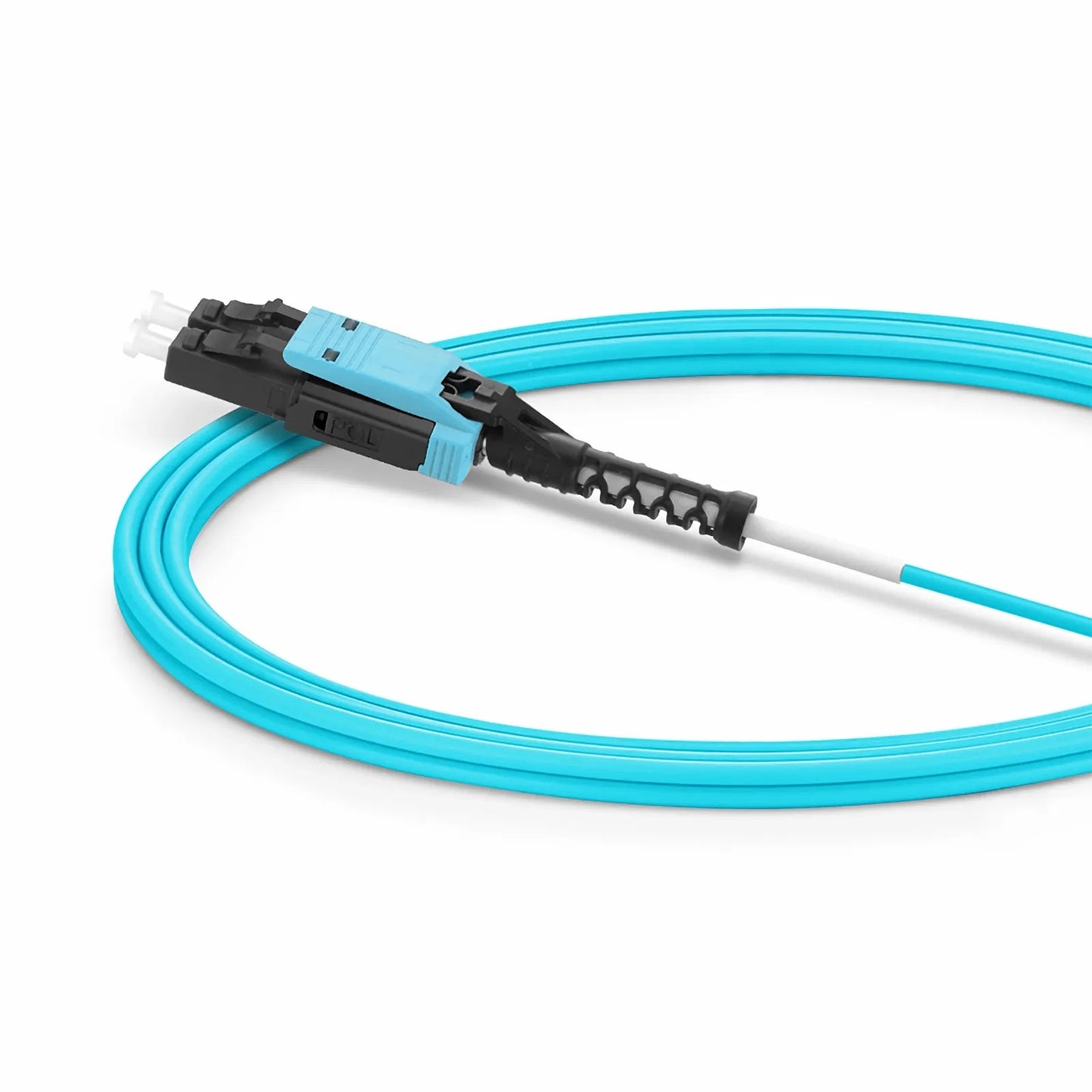 3m (10ft) Fiber Patch Cable, 2 Fibers, LC UPC Duplex to LC UPC Duplex Flat Clip with Push-Pull Boot Uniboot, Multimode (OM4), Riser (OFNR), 2.0mm, Aqua
