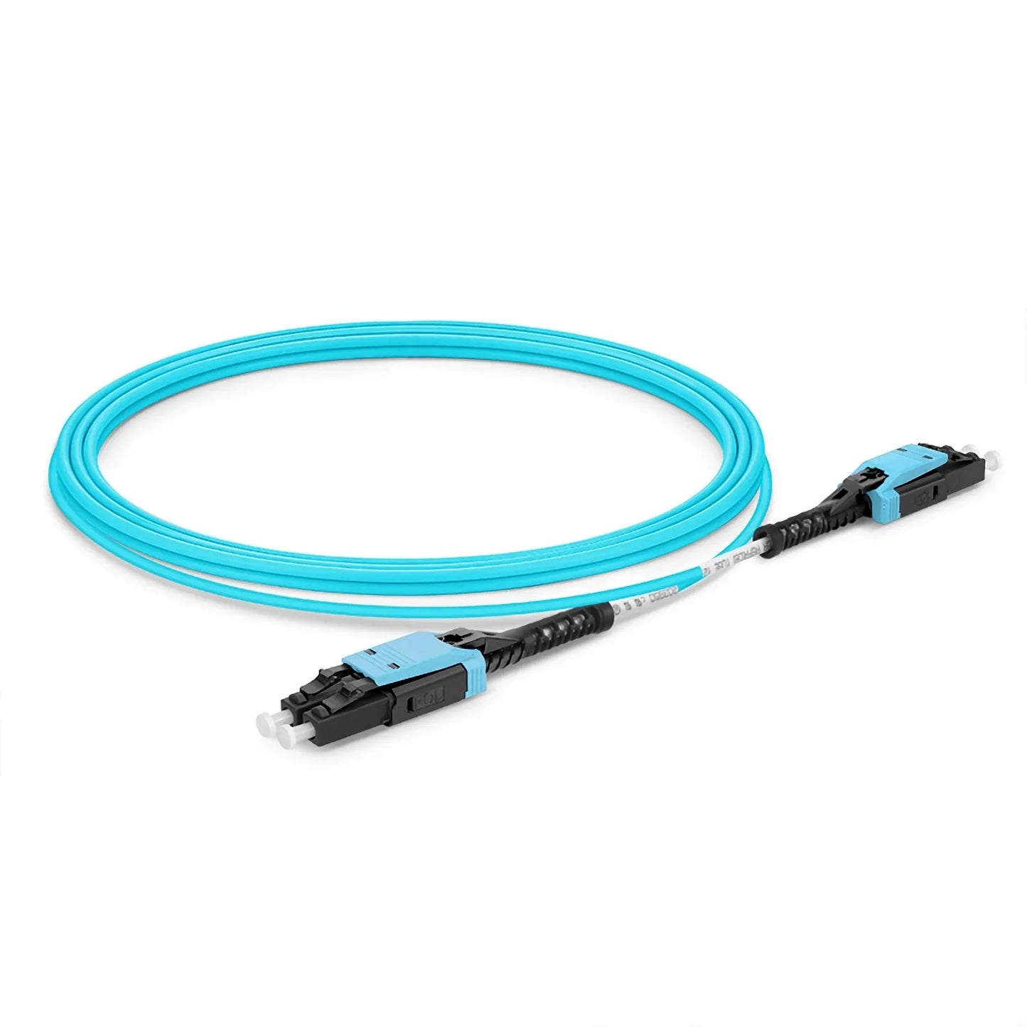 5m (16ft) Fiber Patch Cable, 2 Fibers, LC UPC Duplex to LC UPC Duplex Flat Clip with Push-Pull Boot Uniboot, Multimode (OM4), Riser (OFNR), 2.0mm, Aqua