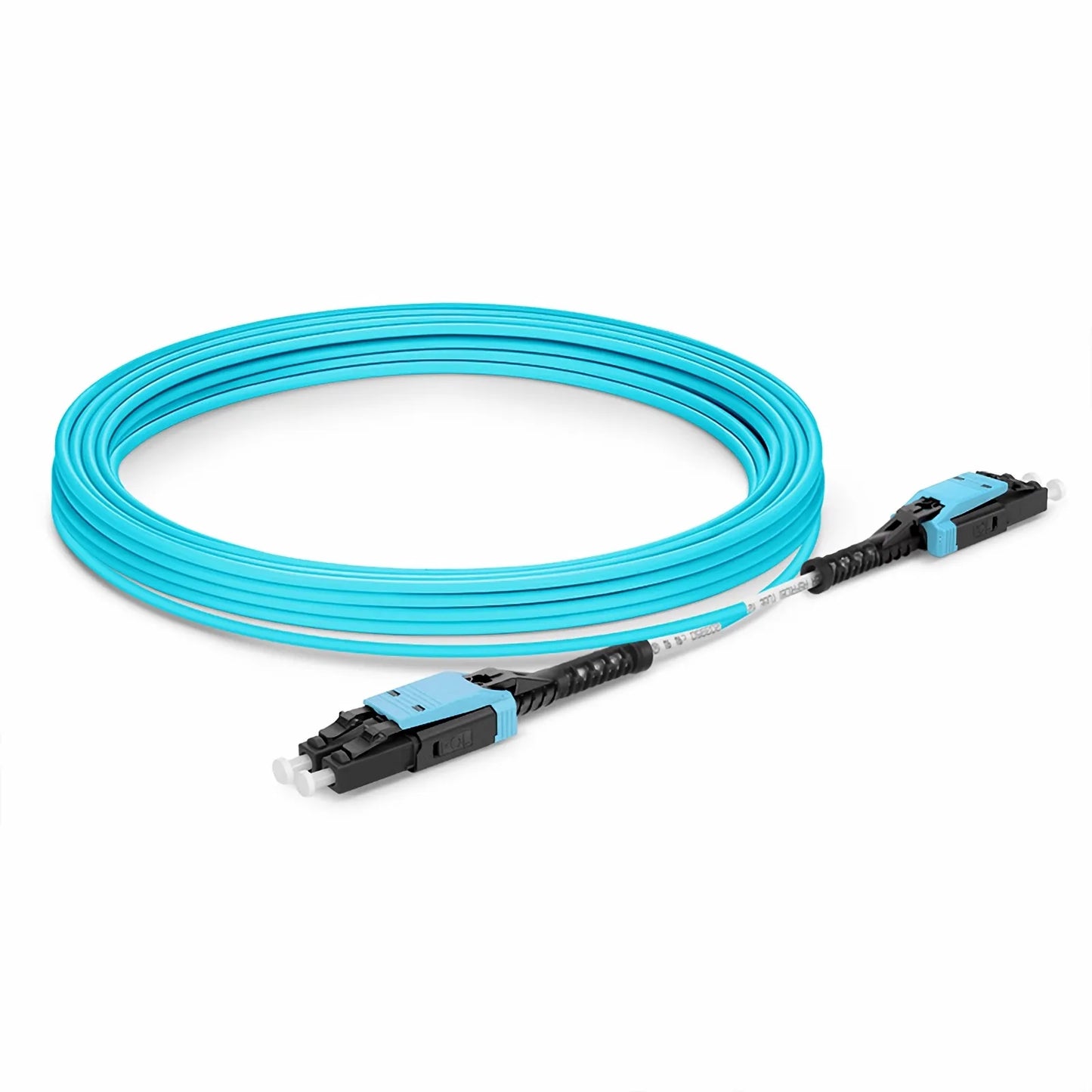 30m (98ft) Fiber Patch Cable, 2 Fibers, LC UPC Duplex to LC UPC Duplex Flat Clip with Push-Pull Boot Uniboot, Multimode (OM4), Riser (OFNR), 2.0mm, Aqua