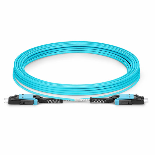 20m (66ft) Fiber Patch Cable, 2 Fibers, LC UPC Duplex to LC UPC Duplex Flat Clip with Push-Pull Boot Uniboot, Multimode (OM4), Riser (OFNR), 2.0mm, Aqua