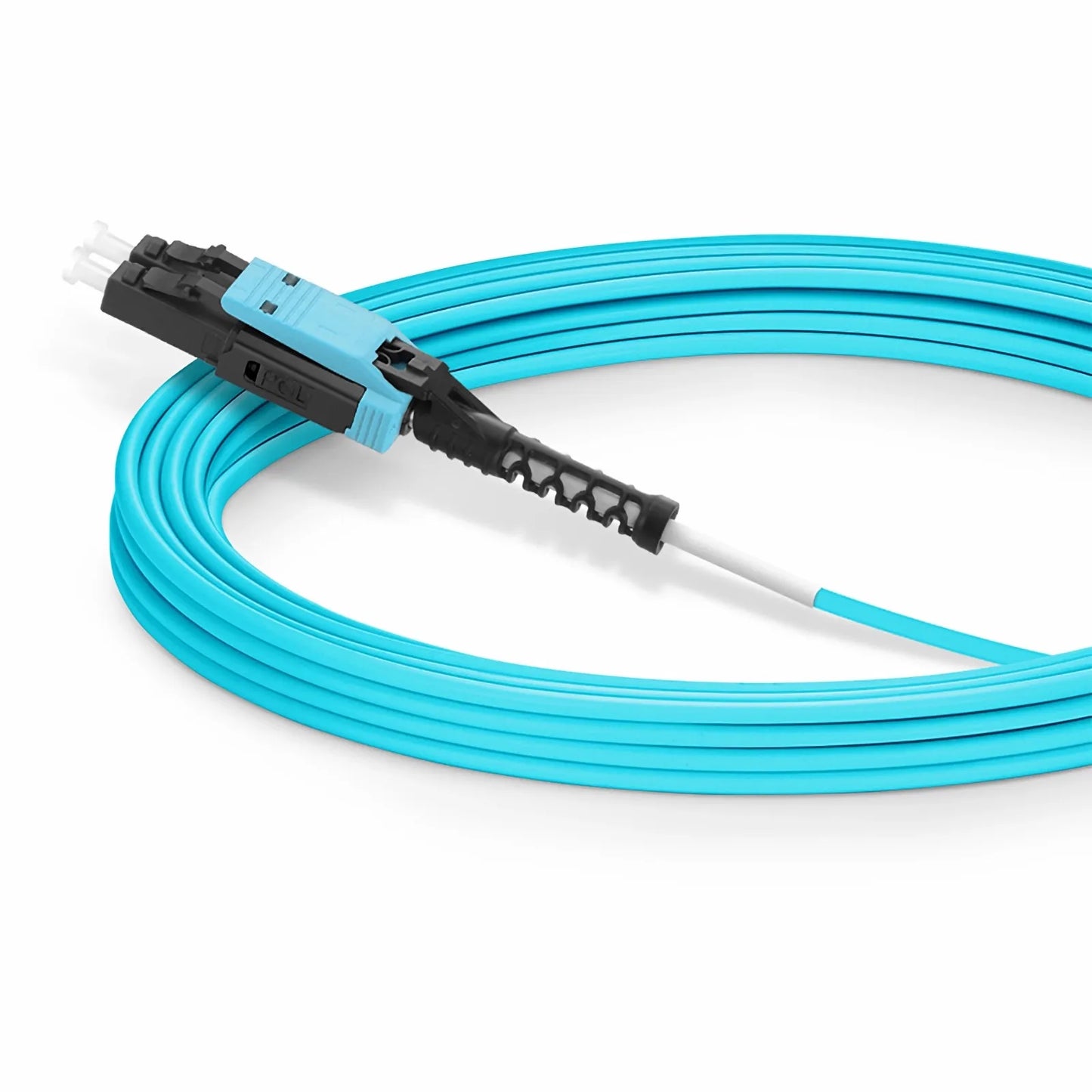 30m (98ft) Fiber Patch Cable, 2 Fibers, LC UPC Duplex to LC UPC Duplex Flat Clip with Push-Pull Boot Uniboot, Multimode (OM4), Riser (OFNR), 2.0mm, Aqua