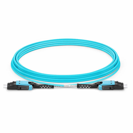 10m (33ft) Fiber Patch Cable, 2 Fibers, LC UPC Duplex to LC UPC Duplex Flat Clip with Push-Pull Boot Uniboot, Multimode (OM4), Riser (OFNR), 2.0mm, Aqua