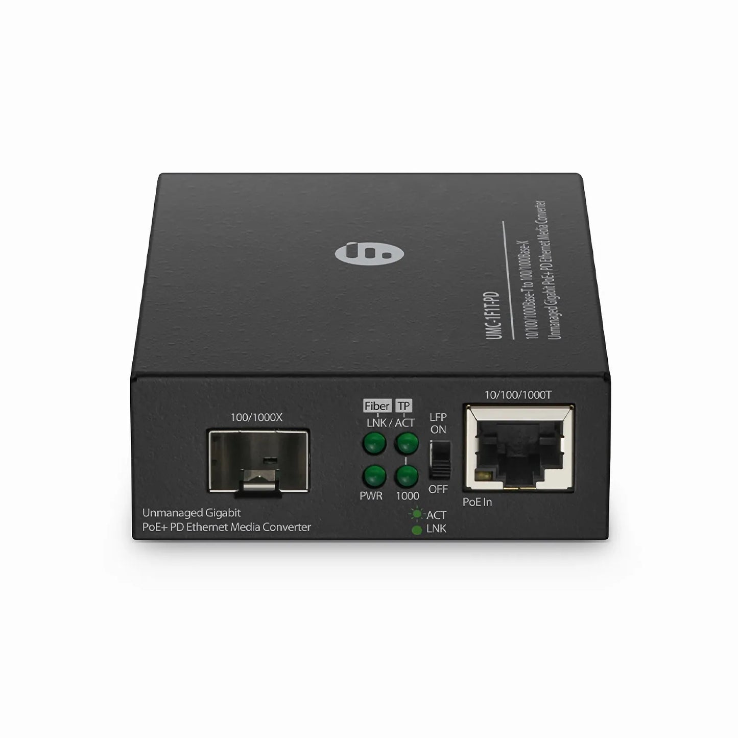 Unmanaged 1x 10/100/1000Base-T RJ45 to 1x 100/1000Base-X SFP Gigabit Ethernet PoE+ PD Media Converter