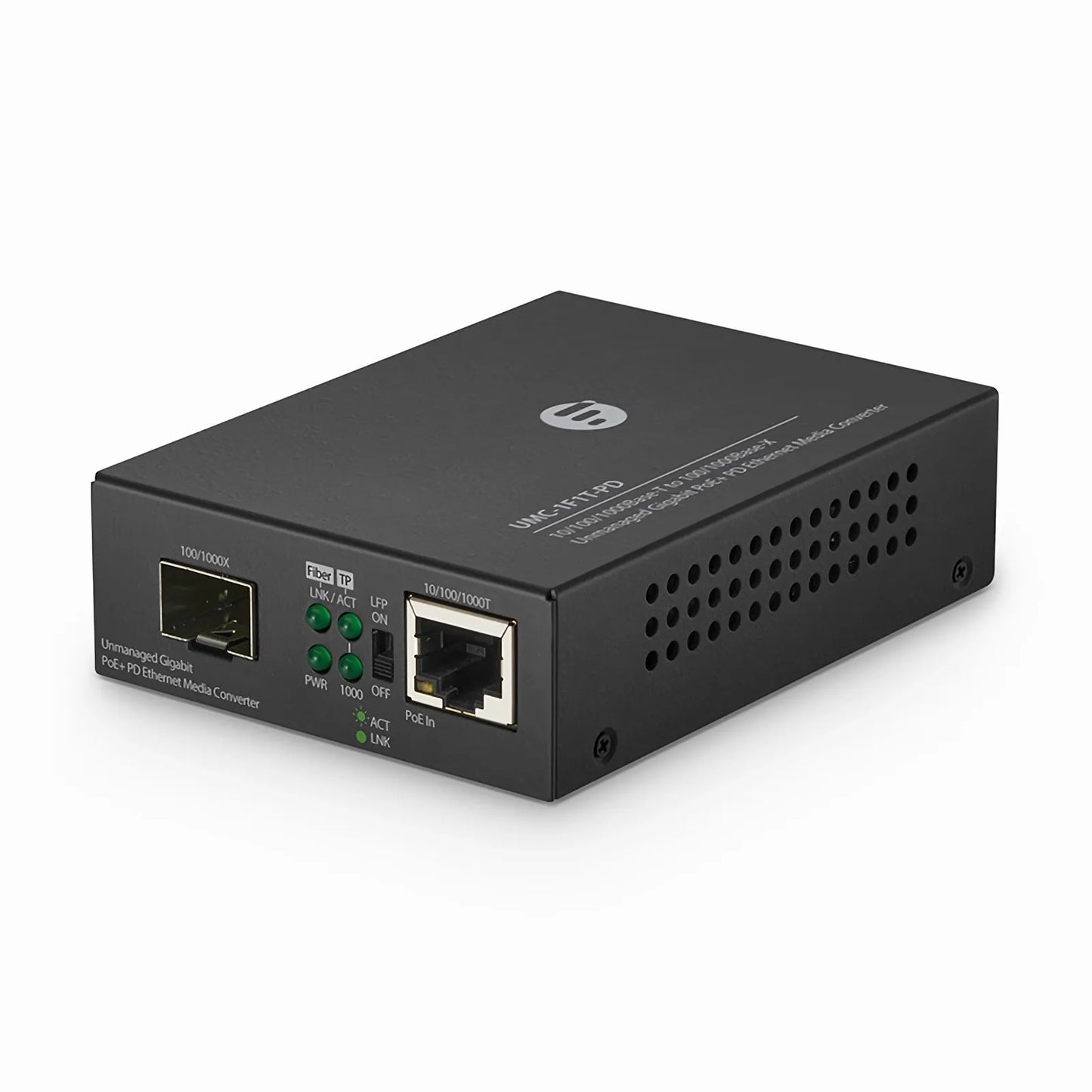 Unmanaged 1x 10/100/1000Base-T RJ45 to 1x 100/1000Base-X SFP Gigabit Ethernet PoE+ PD Media Converter