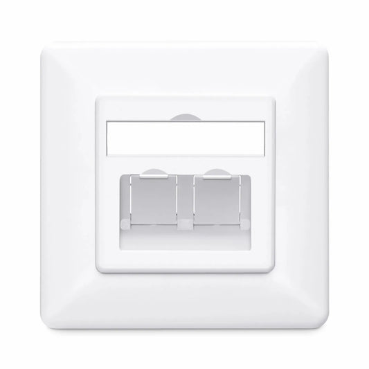 German-Style Single Gang Keystone Faceplate, Label Pockets, 2 Ports, White, 3.15'' x 3.15''