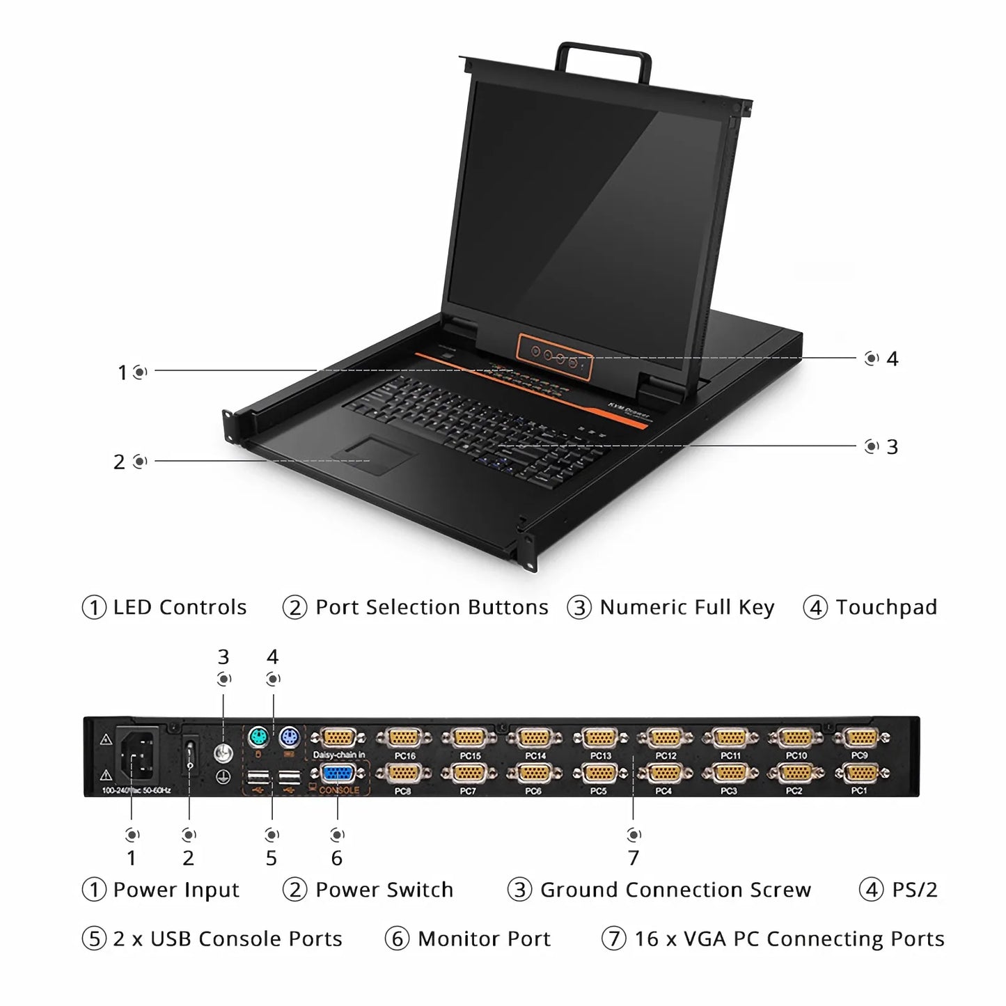 16-Port VGA 1U Rack-Mount KVM Switch with 19" LED, 16 x VGA Cables Included