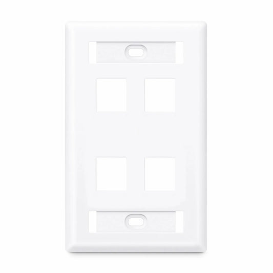 Single Gang Keystone Faceplate, Label Pockets, 4 Ports, White, 4.49'' x 2.76''