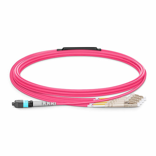 3m (10ft) MTP® Harness, MTP®-8 UPC (Female) to 4 x LC UPC Duplex, 8 Fibers, Multimode (OM4), Plenum (OFNP), 0.35dB Max, Type B, Magenta