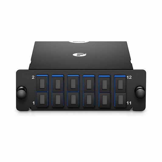 FHD™ MTP®-SC Cassette, OS2 Single Mode, Type A, 12 Fibers, MTP®-12 (Male) to 6 x SC Duplex (Blue), 0.35dB Max.