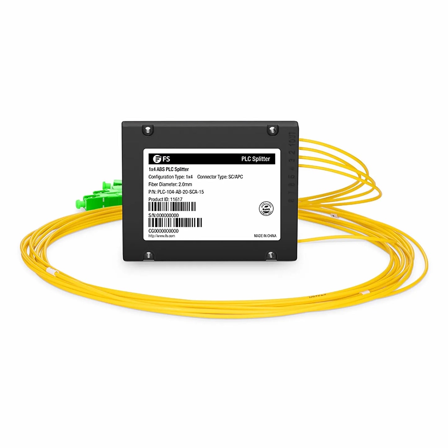 1 x 4 PLC Fiber Splitter, Splice/Pigtailed ABS Module, 2.0mm, SC/APC, Singlemode