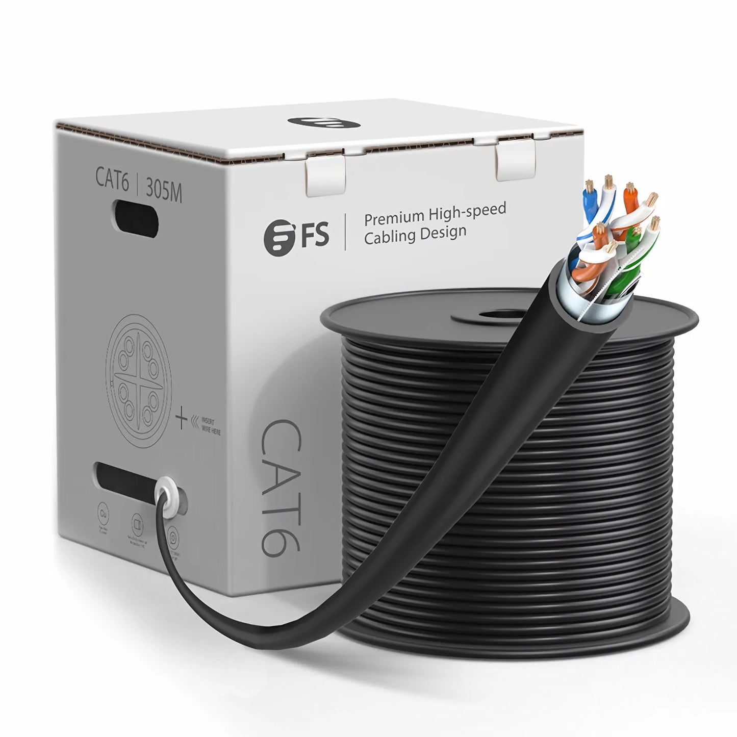 Cat6 Ethernet Bulk Cable, 1000ft (305m), UL Listed, 26AWG Stranded Pure Bare Copper Wire, 550MHz, Shielded (F/UTP), PVC CM, with Reel (Black)