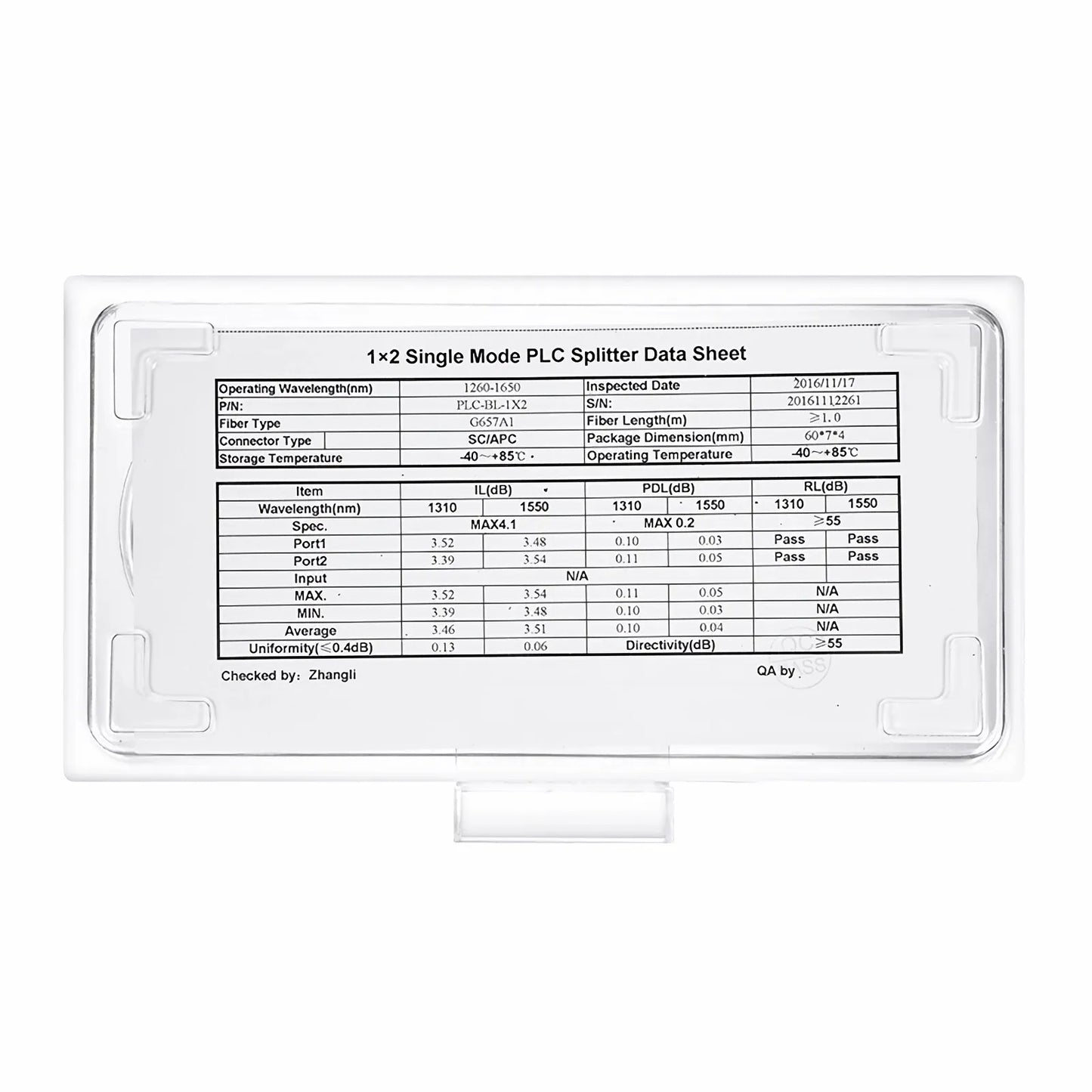 1 x 2 PLC Fiber Splitter, Mini Module, 900μm, SC/APC, Singlemode