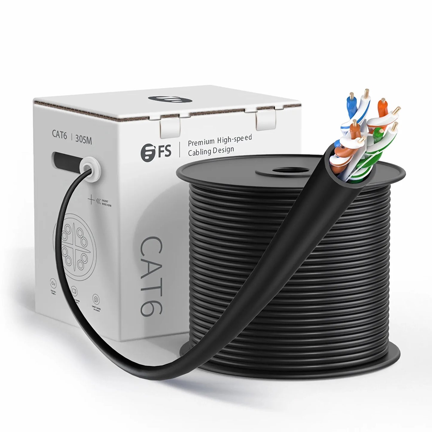 Cat6 Ethernet Bulk Cable, 1000ft (305m), UL Listed, 23AWG Solid Pure Bare Copper Wire, 550MHz, Unshielded (UTP), PVC CMR, with Reel (Black)