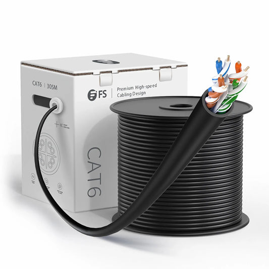 Cat6 Ethernet Bulk Cable, 1000ft (305m), UL Listed, 23AWG Solid Pure Bare Copper Wire, 550MHz, Unshielded (UTP), PVC CMR, with Reel (Black)